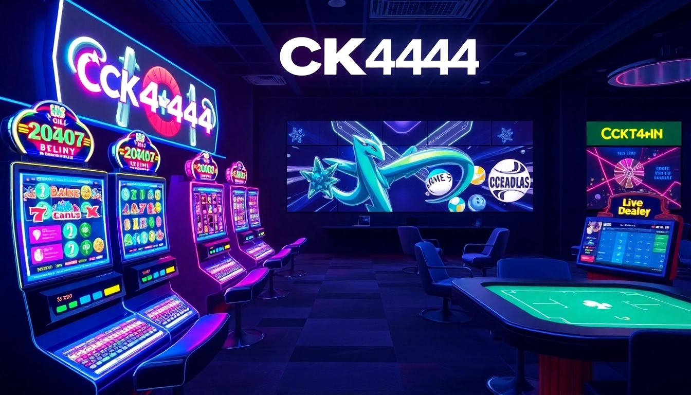 Animated CK444 gaming interface showcasing slots, live casino, and sports betting for online entertainment.