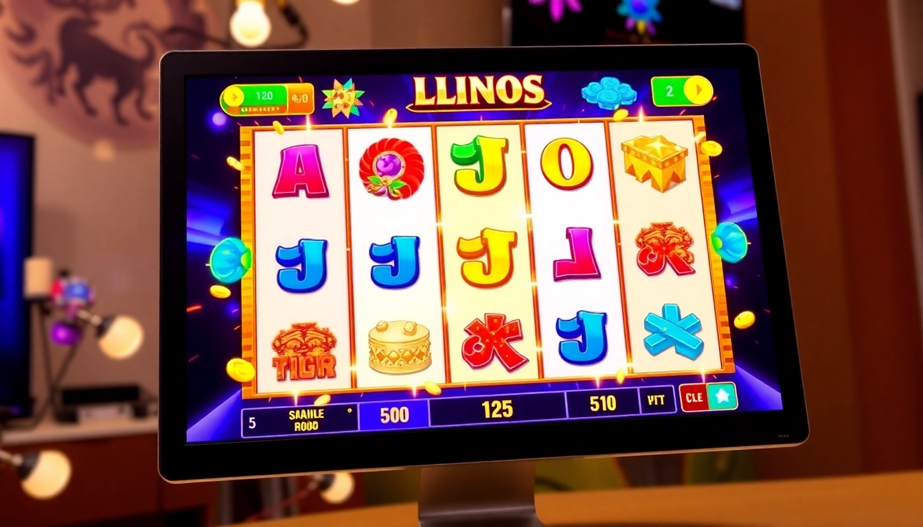 Online slot machine gameplay with bright reels and jackpot symbols, perfect for engaging users interested in slot online games