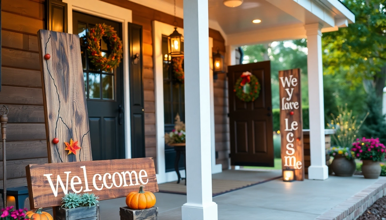 Charming wooden welcome signs greeting guests at a rustic outdoor porch, perfect for front door decor.