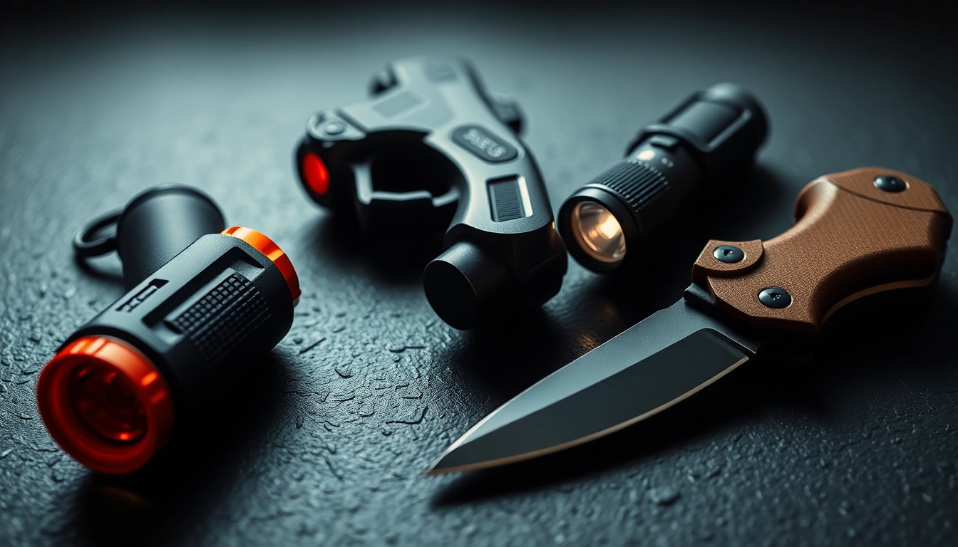Self-Defense Weapons such as pepper spray, stun guns, and tactical tools displayed for personal safety enhancement.
