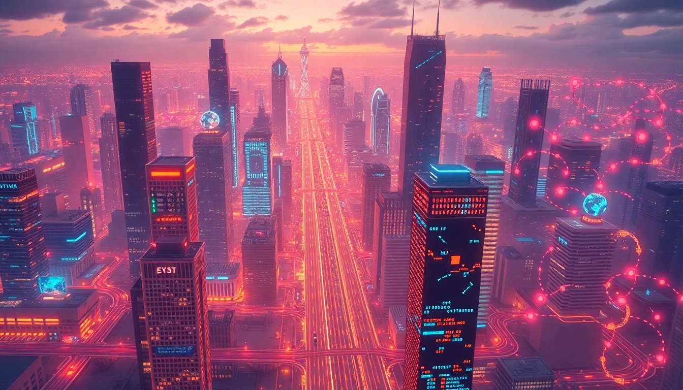 Futuristic cityscape showcasing advanced technology, AI robots, and interconnected digital systems for innovative solutions.