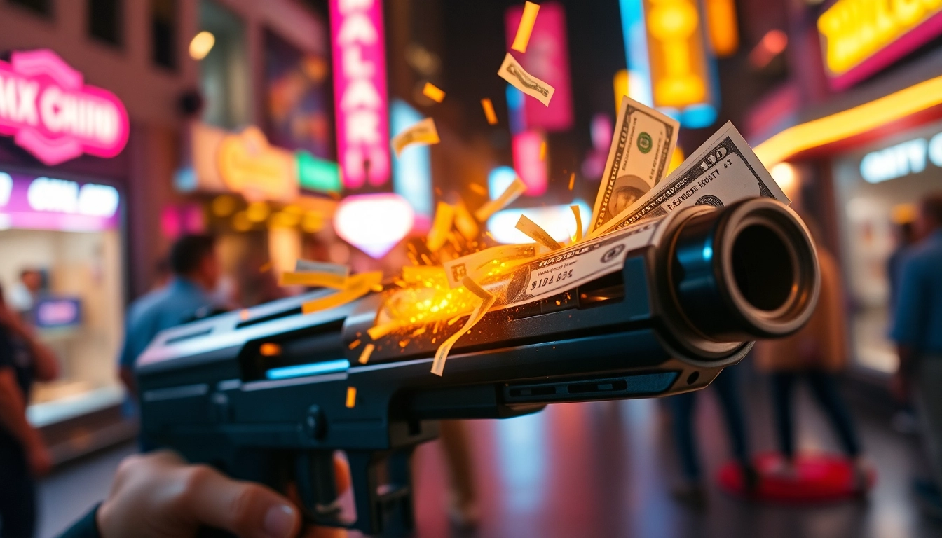cashgun in action shooting bills, vibrant nightlife scene, detailed and engaging visual.