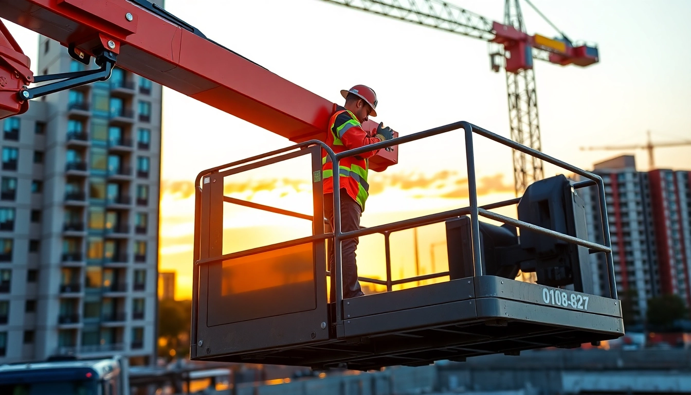A technician performs maintenance using a boom lift rental on a construction site with clear safety features and a city skyline in background.