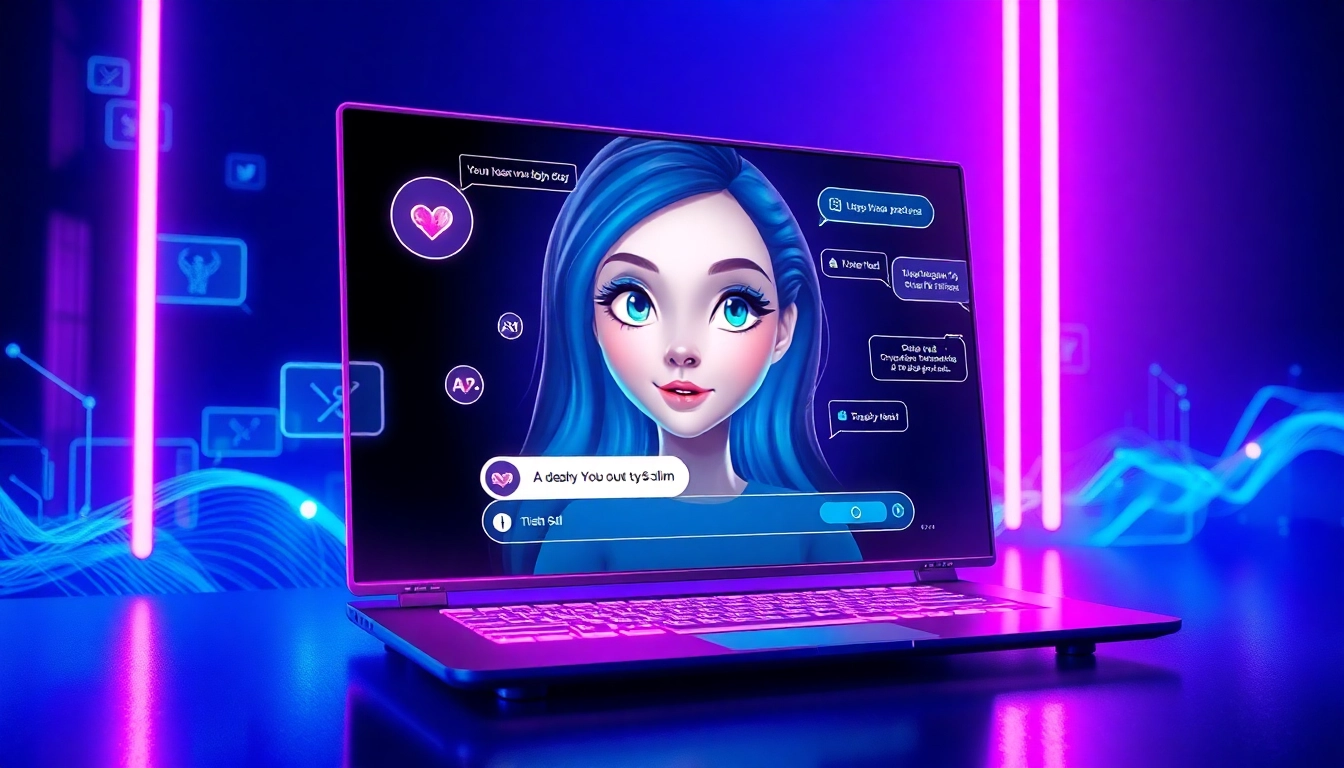 Futuristic AI chat interface with an animated female character in a neon-lit digital environment.
