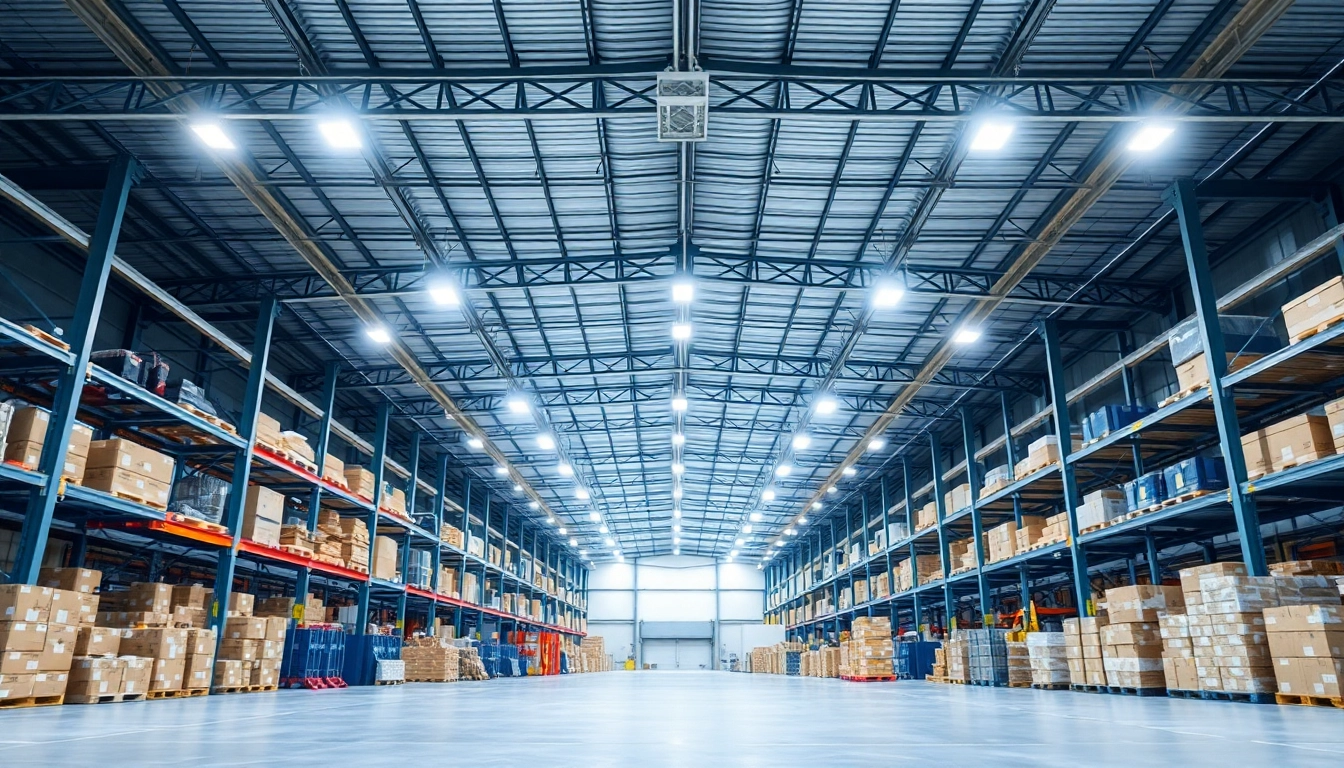 Große Industriehalle mit LED-Beleuchtung, helle und gleichmäßige Ausleuchtung