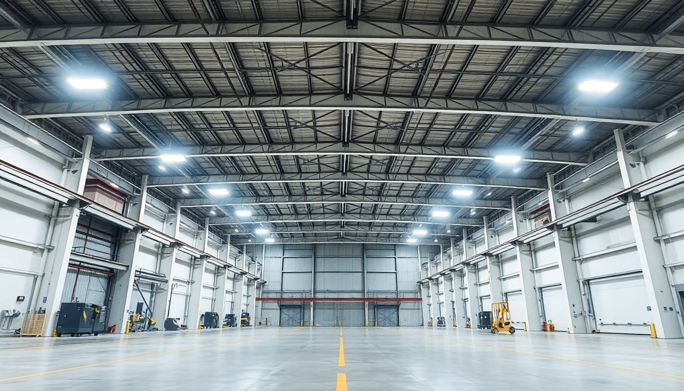 Moderne Industriehalle mit LED-Beleuchtung, hell und effizient