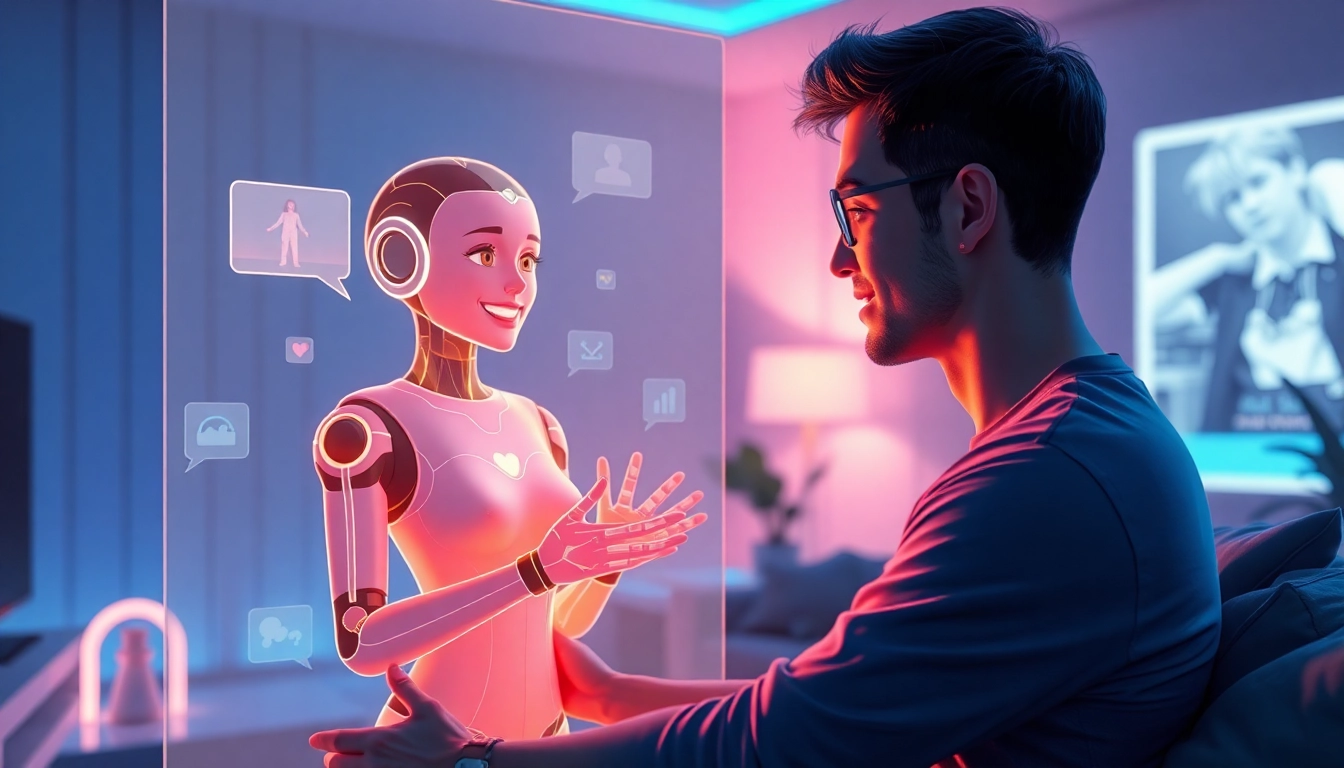Futuristic scene of a user engaging with a holographic AI girlfriend in a modern, cozy room with vibrant lighting.