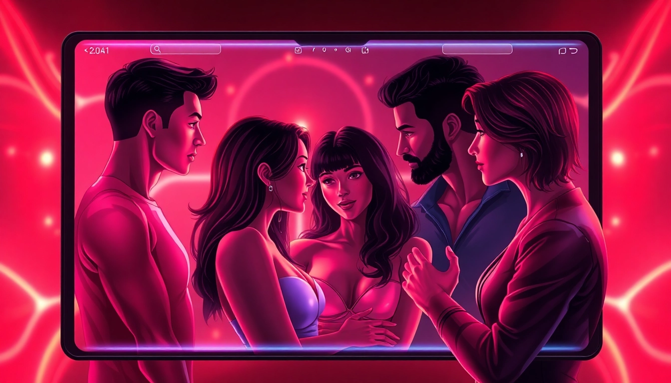 Digital illustration of AI chat interface with intimate characters and vibrant, sensual colors