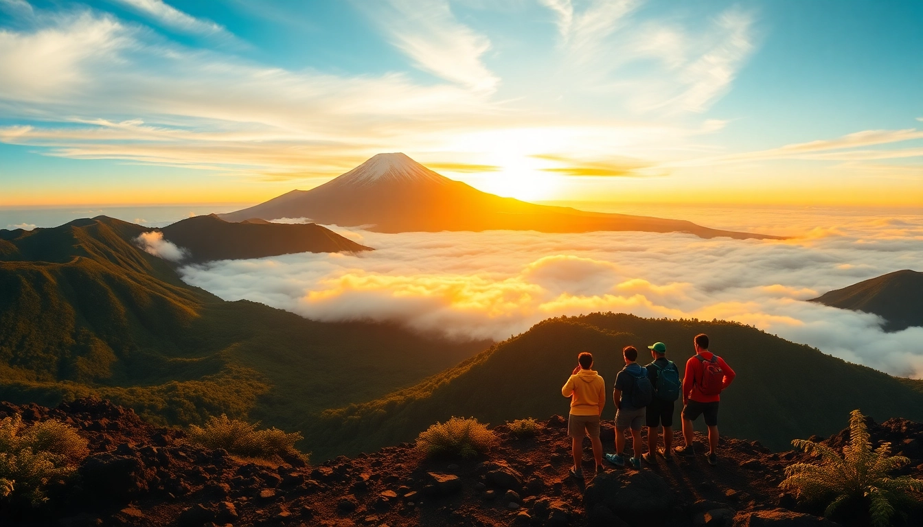 Hikers overlooking Mount Rinjani at sunrise from the crater rim, with lush green forests and volcanic terrain under a colorful sky.