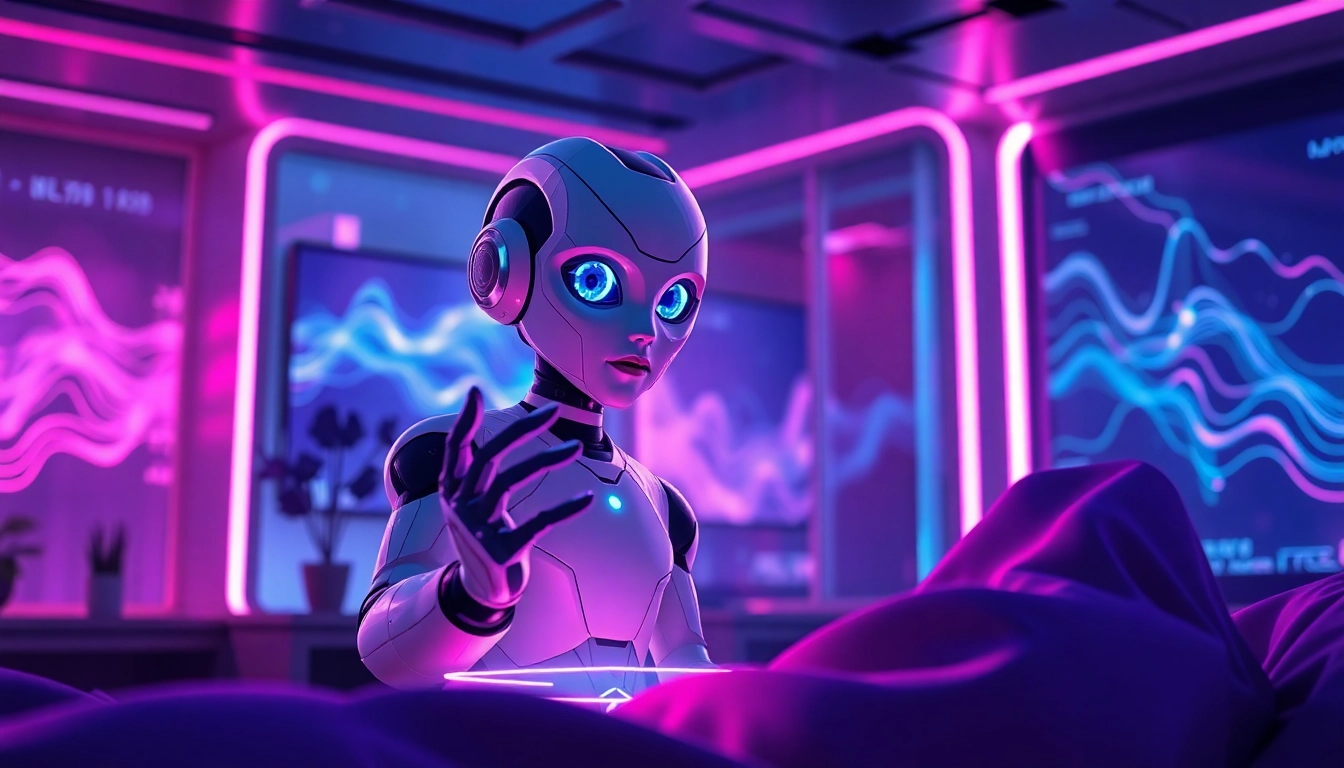 Futuristic virtual scene showing an AI character engaging in an immersive NSFW chat with dynamic visuals and glowing neon lights.