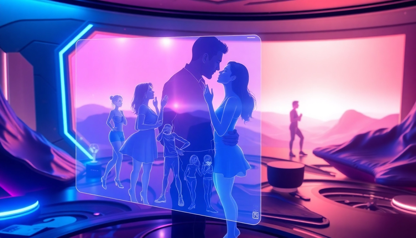 Futuristic digital environment with holographic characters and glowing neon accents