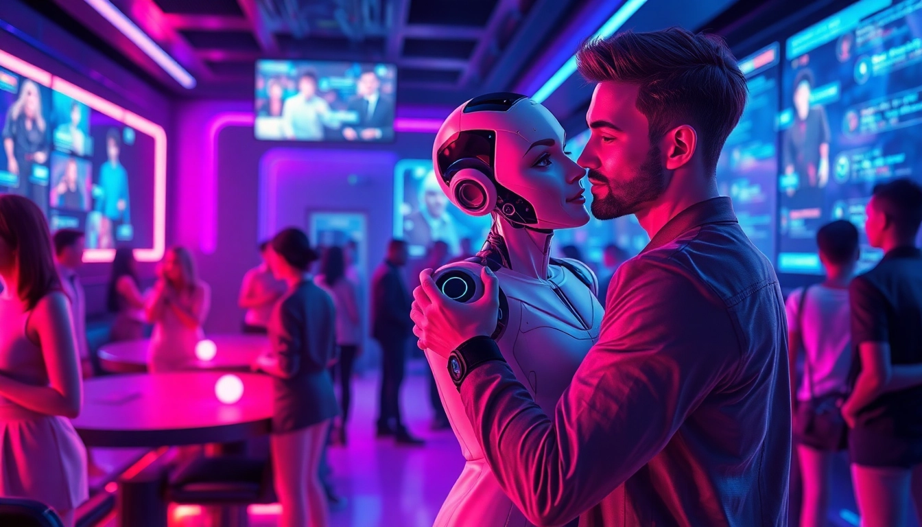 A futuristic scene of AI characters engaging in intimate interactions in a neon-lit lounge environment.