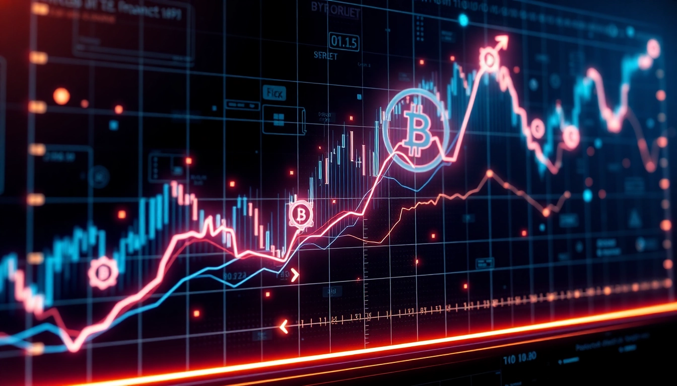 The image depicts a vibrant cryptocurrency market chart with blockchain icons and glowing data