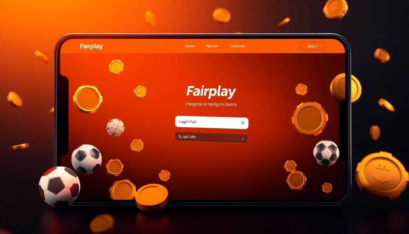Fairplay online betting platform login screen featuring sports icons and gold rewards, highlighting user engagement and security.