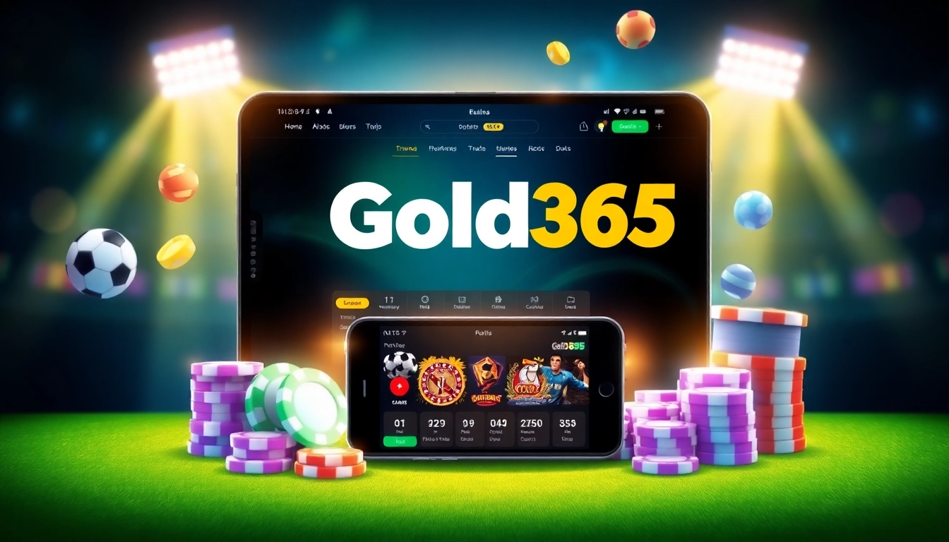 Gold365 online betting platform logo with sports, casino icons, and secure devices, inviting users for safe gaming.