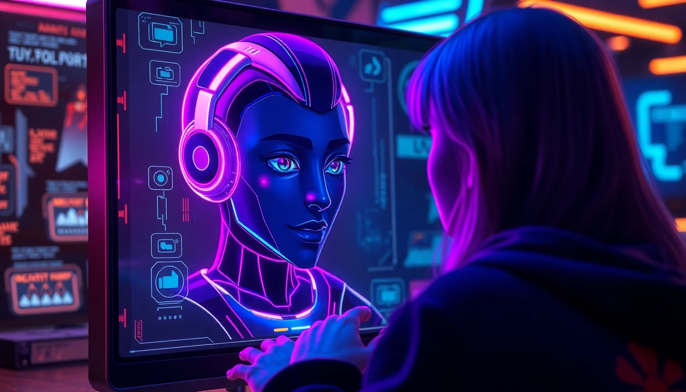 Futuristic AI chatbot interface with a stylized avatar, glowing neon colors, and digital textures in a high-tech setting.
