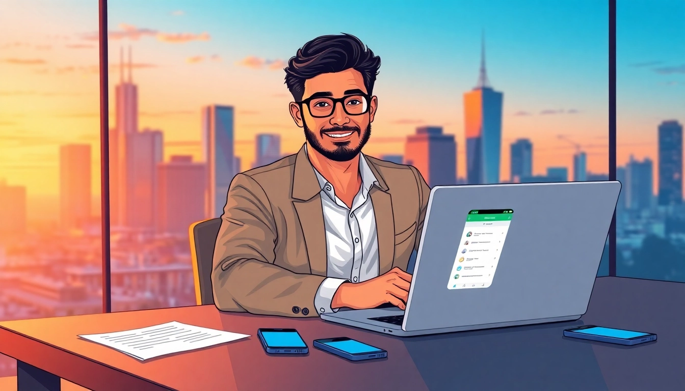 A professional individual using a laptop with Cash App on the screen, city skyline at sunset in the background.
