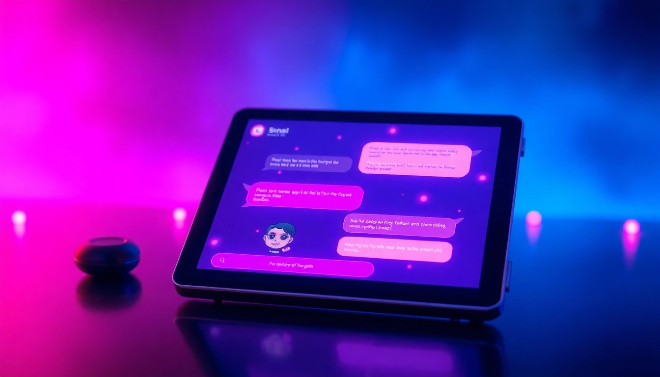 Futuristic chat interface with AI character and holographic elements, neon colors, high-tech style