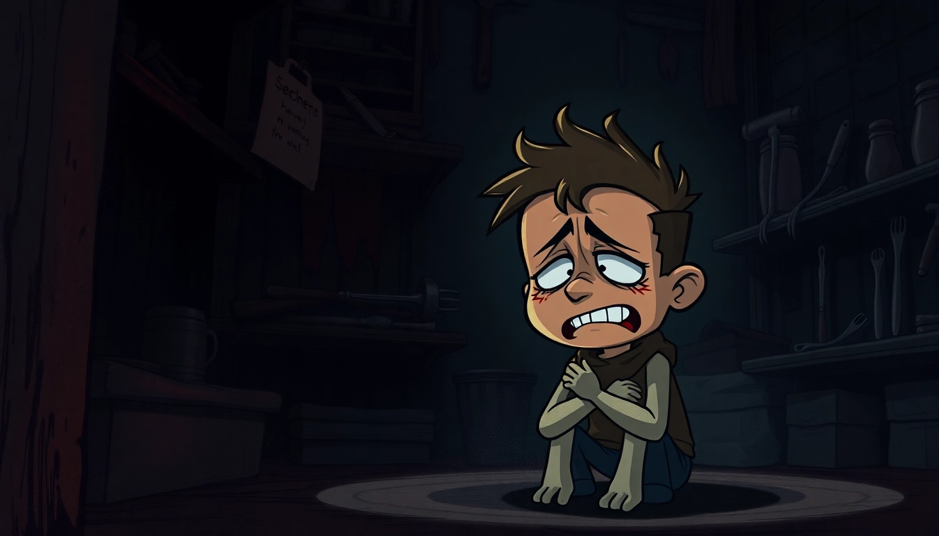A distressed cartoon character named Harvey suffering as he faces disturbing tools in a dark room, illustrating psychological horror and moral dilemma.