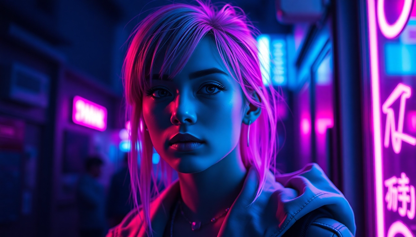 Dynamic NSFW AI Generator scene: neon-lit virtual partner portrait in cinematic realism