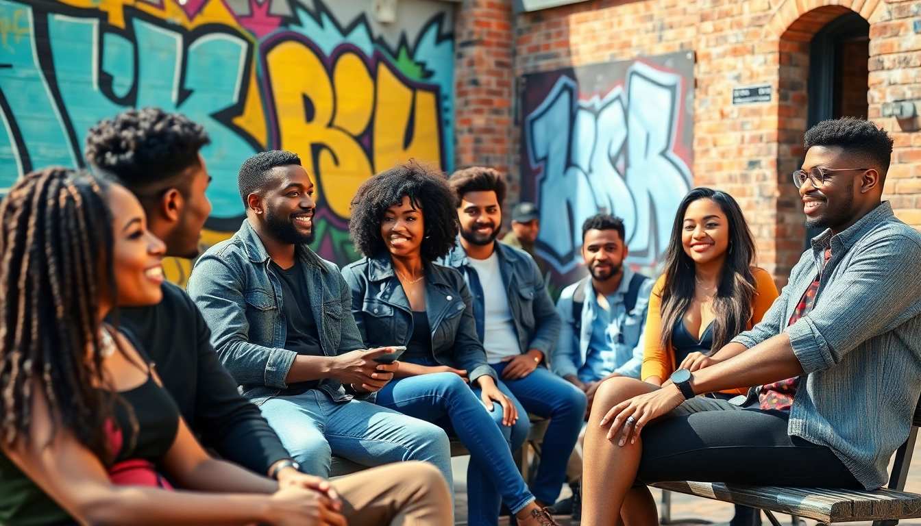 Group of young adults socializing outdoors in an urban setting with colorful graffiti background.