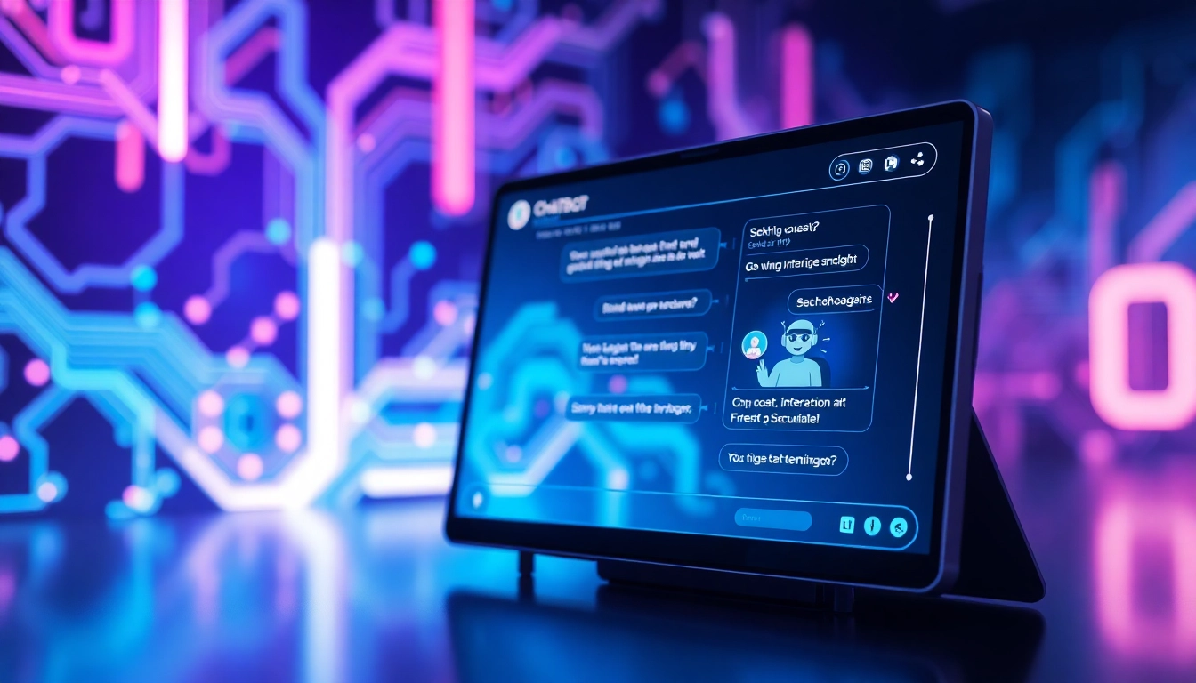 Futuristic AI chatbot interface with neon lights and digital circuitry.