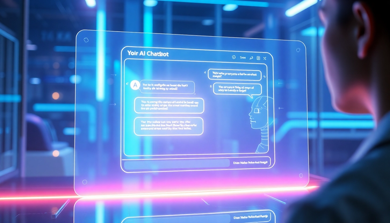 An illustration of a person interacting with a holographic AI chatbot interface in a modern, tech-rich environment with neon lighting.