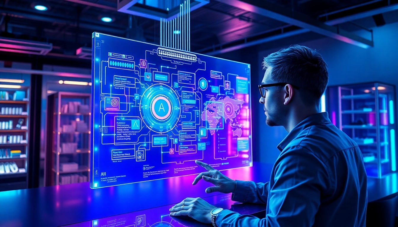 Futuristic AI interface in a high-tech lab with a human creator interacting with digital holograms
