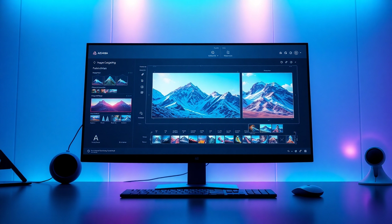 Futuristic workspace with AI image editing interface on a high-tech computer monitor