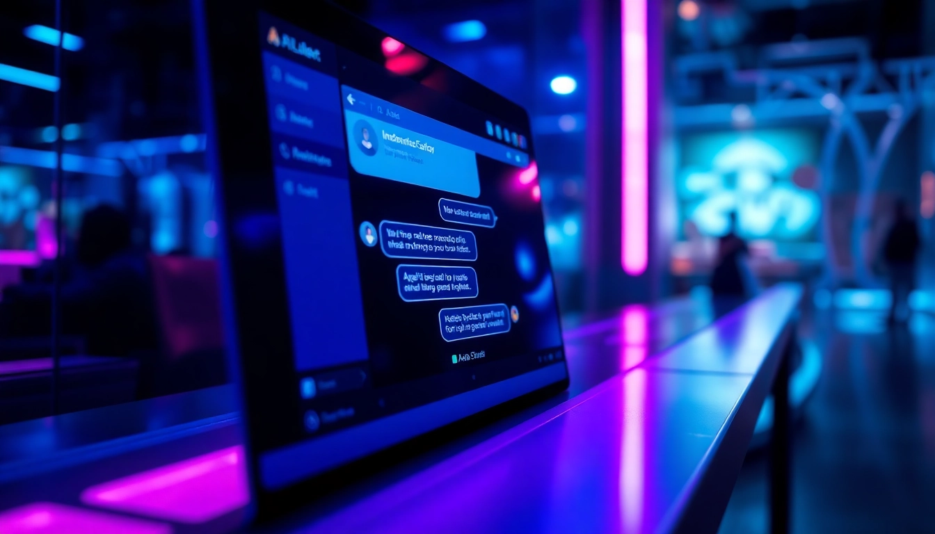Close-up of a futuristic AI chatbot interface on a sleek screen with neon accents and digital chat bubbles.
