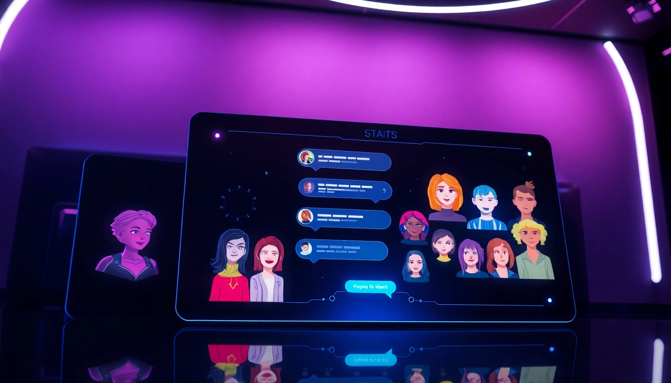 A futuristic digital chat environment with customizable AI characters and glowing holographic interface.