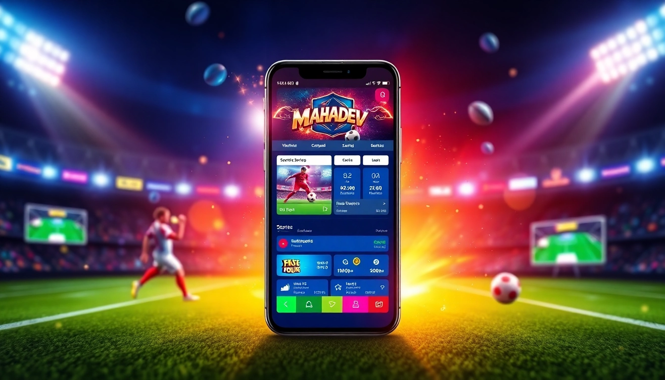 Mahadev Book betting platform on a smartphone with live sports graphics and secure login features, highlighting real-time betting action.