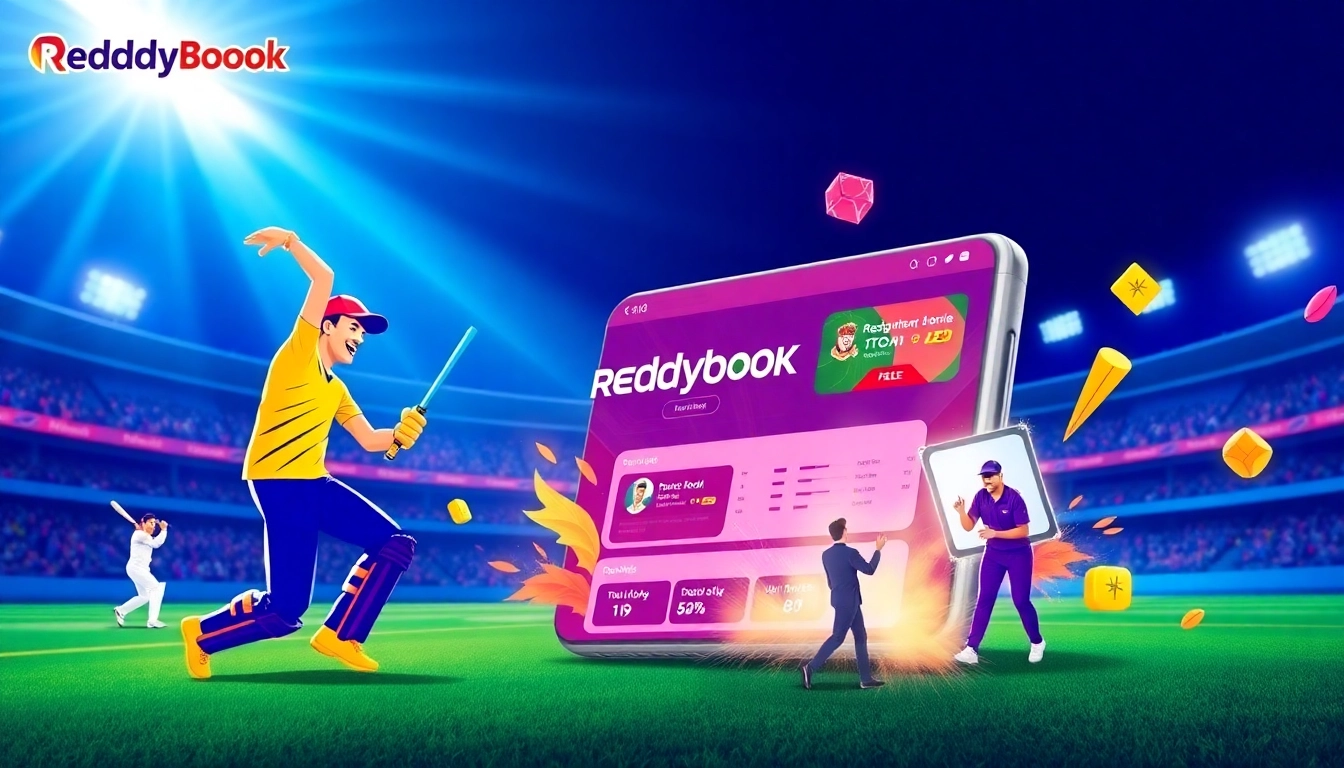 Reddybook's online sports betting platform with cricket and casino visuals emphasizing trust and user engagement for Indian market.