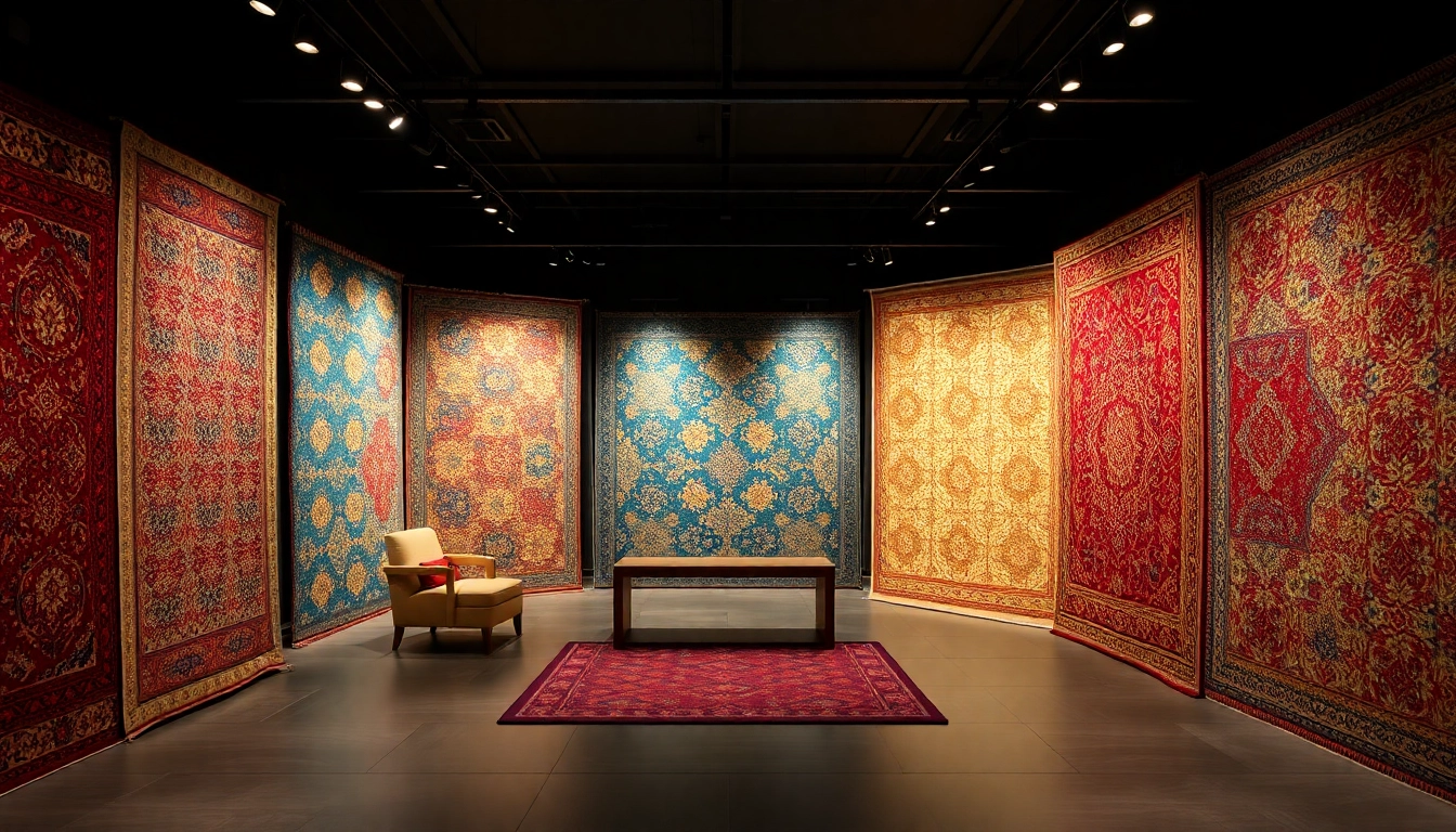 Showroom of Tappeti a Milano showcasing colorful handwoven rugs with detailed patterns and