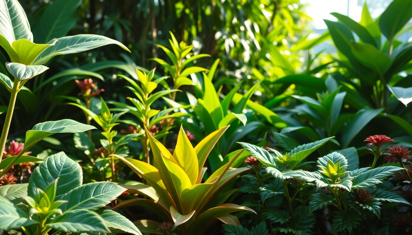 Botanicals including lush green plants and vibrant flowers thriving in a sunlit garden for