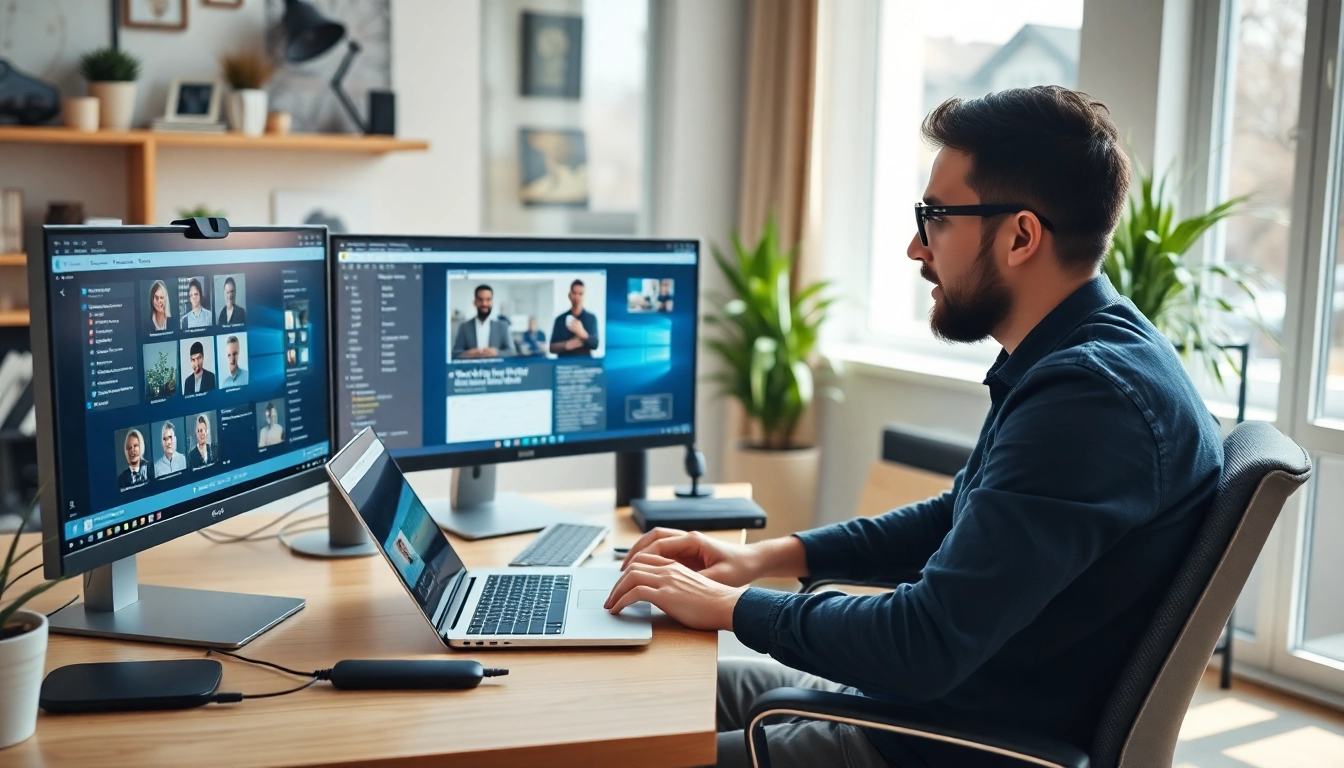 Freelance full remote professional working with multiple screens in a modern home office setting