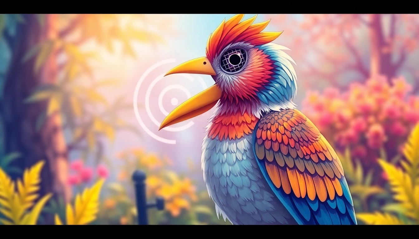 Bird Talk Radio hosts engaging in lively discussion with vibrant bird illustrations in the