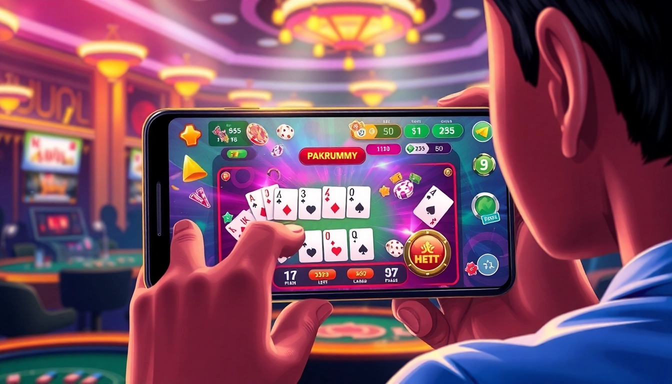 Pakrummy logo on a smartphone screen displaying colorful card games with players engaging