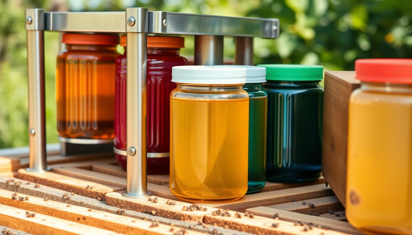 Material y maquinaria para apicultura featuring stainless steel support, honey jars, and hive